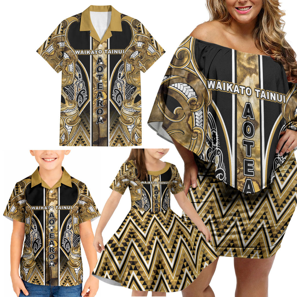Aotearoa Waikato Tainui Family Matching Off Shoulder Short Dress and Hawaiian Shirt Maori Light Gold Tribal Paua Shell Pattern DT05 - Polynesian Pride
