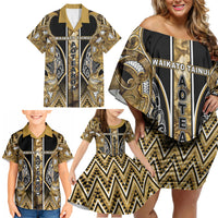 Aotearoa Waikato Tainui Family Matching Off Shoulder Short Dress and Hawaiian Shirt Maori Light Gold Tribal Paua Shell Pattern