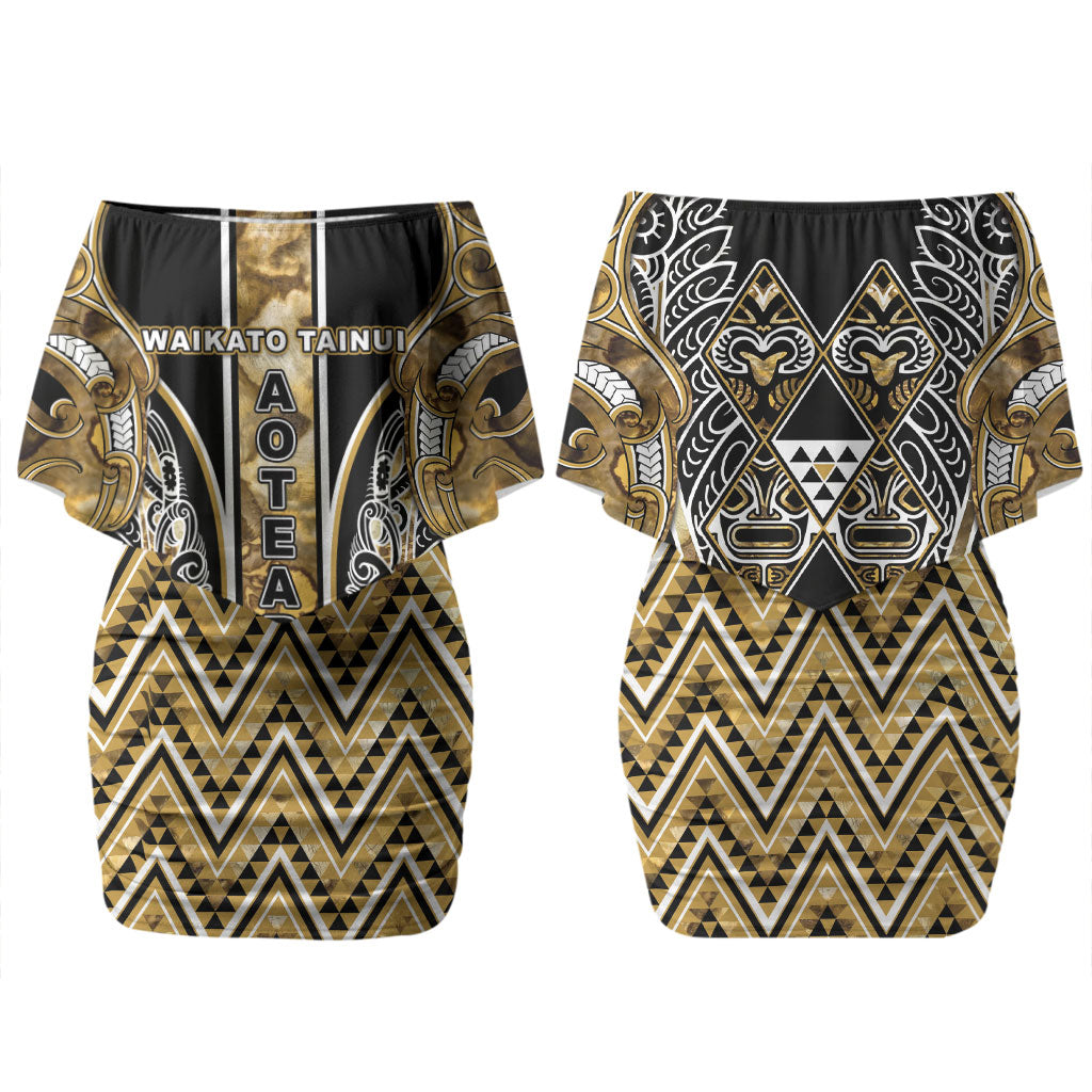 Aotearoa Waikato Tainui Family Matching Off Shoulder Short Dress and Hawaiian Shirt Maori Light Gold Tribal Paua Shell Pattern