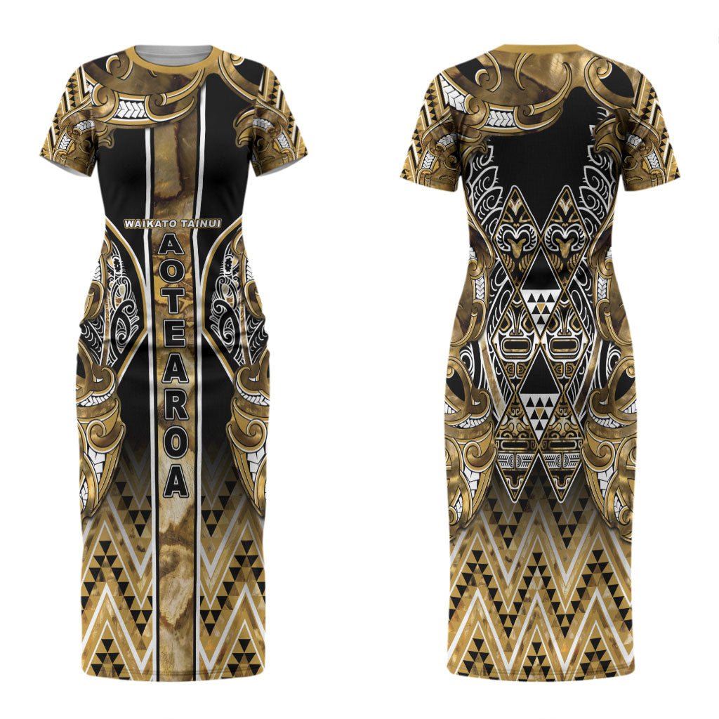 Aotearoa Waikato Tainui Family Matching Short Sleeve Bodycon Dress and Hawaiian Shirt Maori Light Gold Tribal Paua Shell Pattern