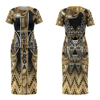 Aotearoa Waikato Tainui Family Matching Short Sleeve Bodycon Dress and Hawaiian Shirt Maori Light Gold Tribal Paua Shell Pattern