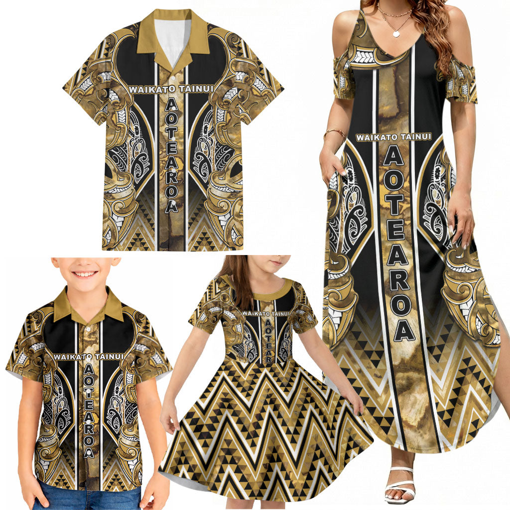 Aotearoa Waikato Tainui Family Matching Summer Maxi Dress and Hawaiian Shirt Maori Light Gold Tribal Paua Shell Pattern