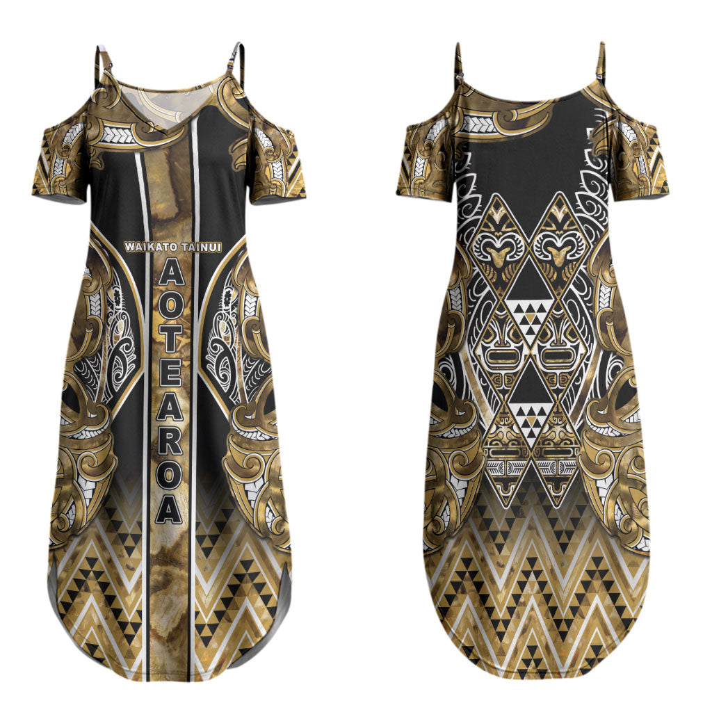 Aotearoa Waikato Tainui Family Matching Summer Maxi Dress and Hawaiian Shirt Maori Light Gold Tribal Paua Shell Pattern