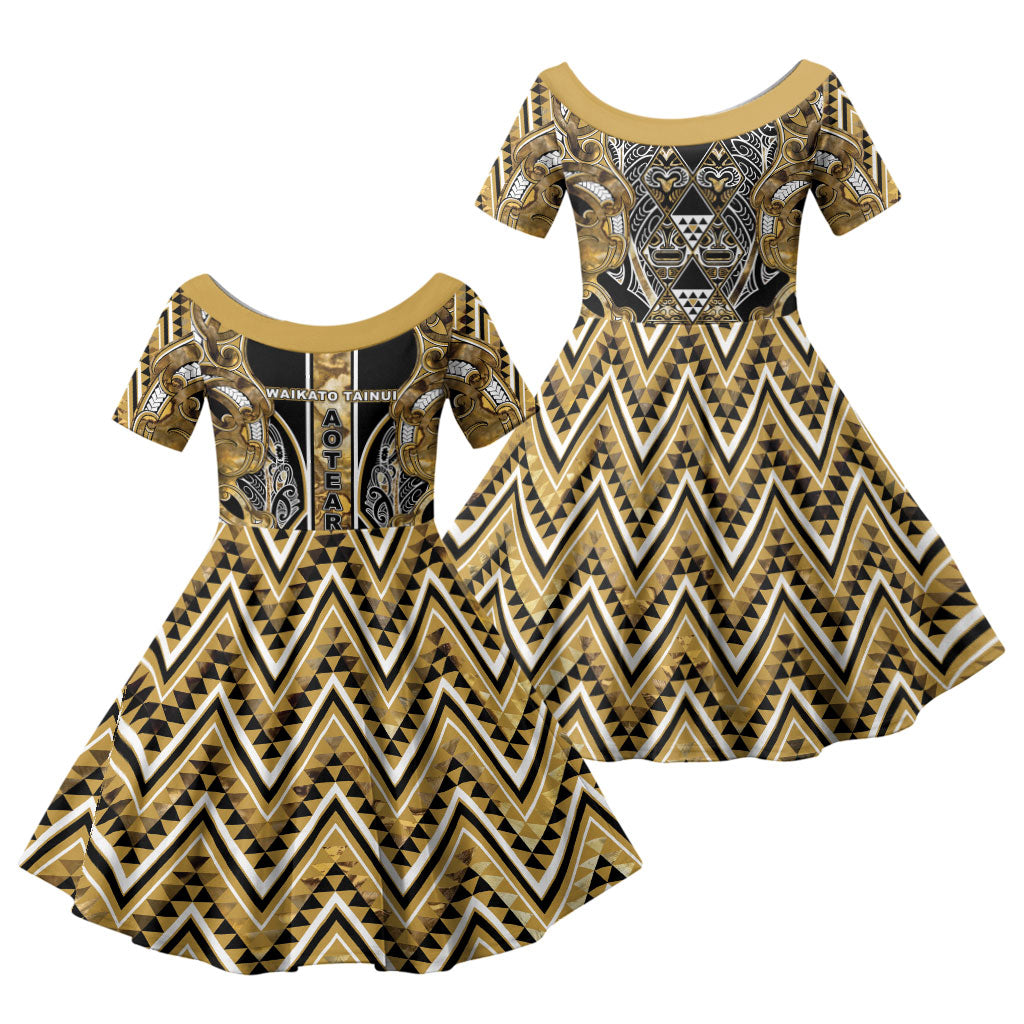 Aotearoa Waikato Tainui Family Matching Summer Maxi Dress and Hawaiian Shirt Maori Light Gold Tribal Paua Shell Pattern