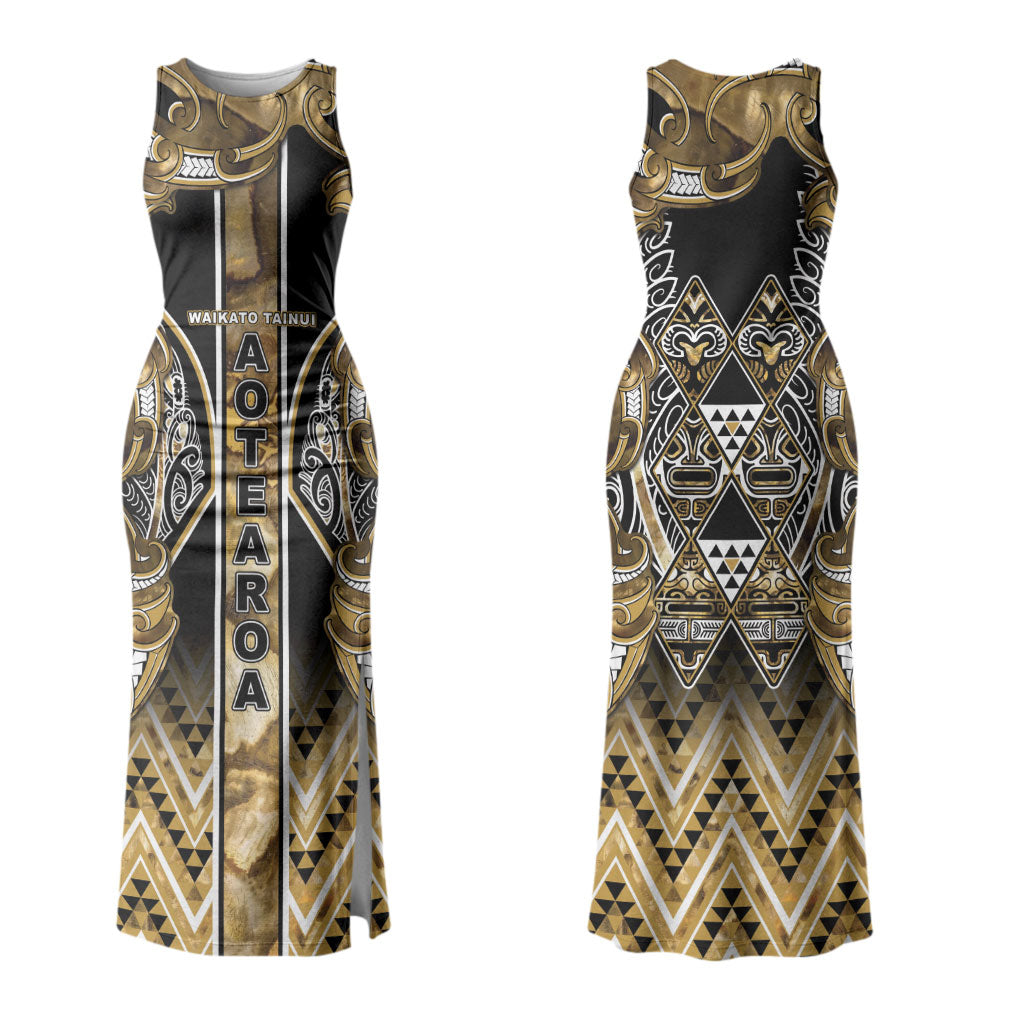 Aotearoa Waikato Tainui Family Matching Tank Maxi Dress and Hawaiian Shirt Maori Light Gold Tribal Paua Shell Pattern