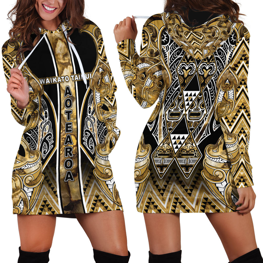 Aotearoa Waikato Tainui Hoodie Dress Maori Light Gold Tribal Paua Shell Pattern