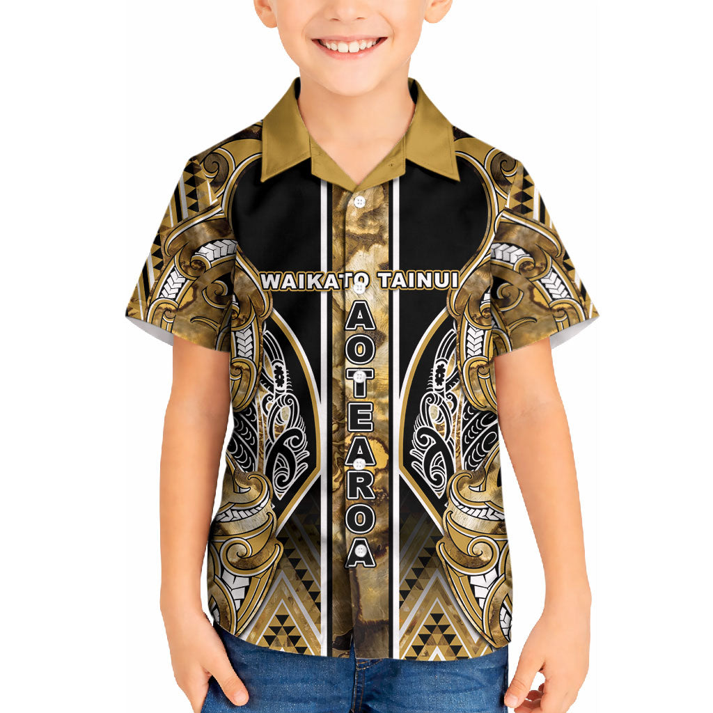 Aotearoa Waikato Tainui Kid Hawaiian Shirt Maori Light Gold Tribal Paua Shell Pattern
