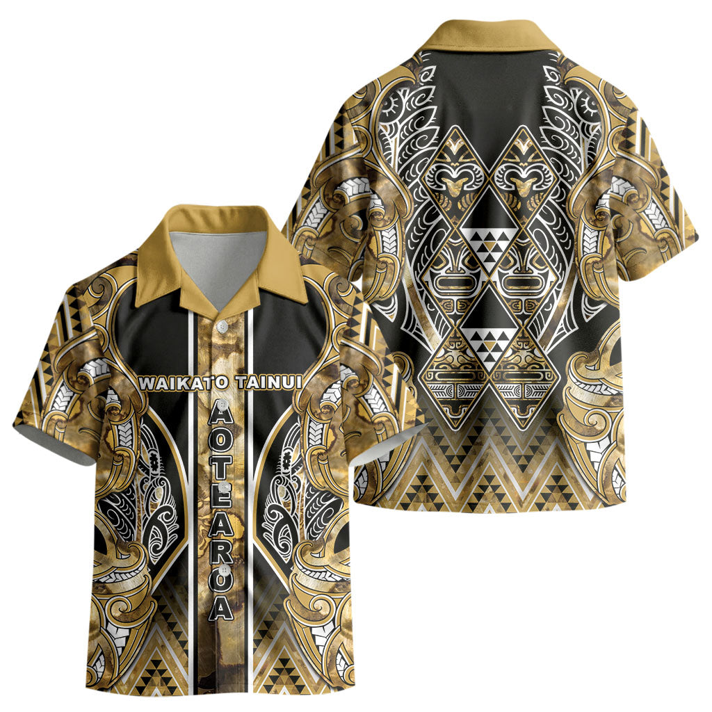 Aotearoa Waikato Tainui Kid Hawaiian Shirt Maori Light Gold Tribal Paua Shell Pattern