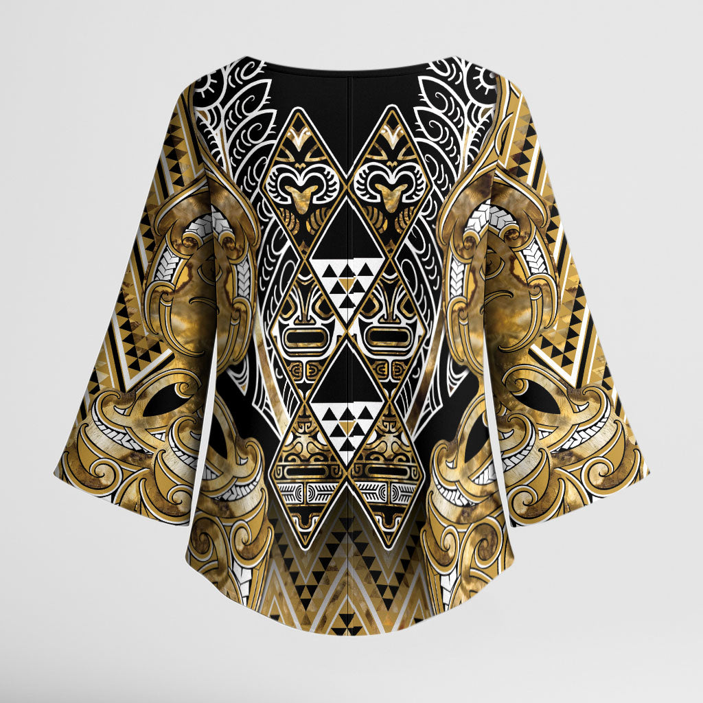 Aotearoa Waikato Tainui Kimono Sleeve Blouse Maori Light Gold Tribal Paua Shell Pattern