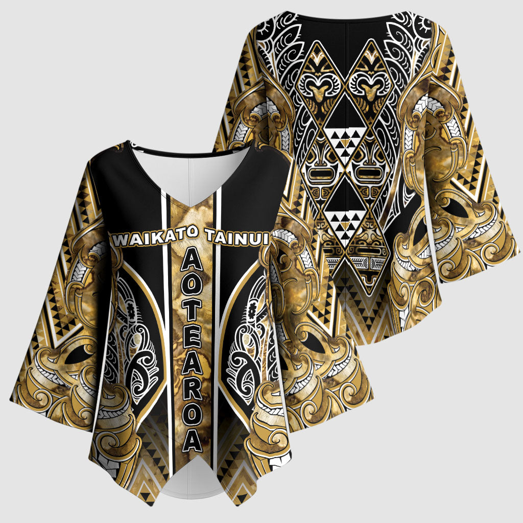 Aotearoa Waikato Tainui Kimono Sleeve Blouse Maori Light Gold Tribal Paua Shell Pattern