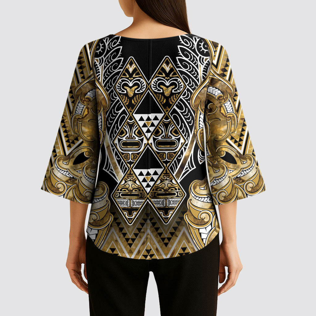 Aotearoa Waikato Tainui Kimono Sleeve Blouse Maori Light Gold Tribal Paua Shell Pattern