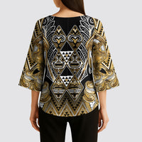 Aotearoa Waikato Tainui Kimono Sleeve Blouse Maori Light Gold Tribal Paua Shell Pattern
