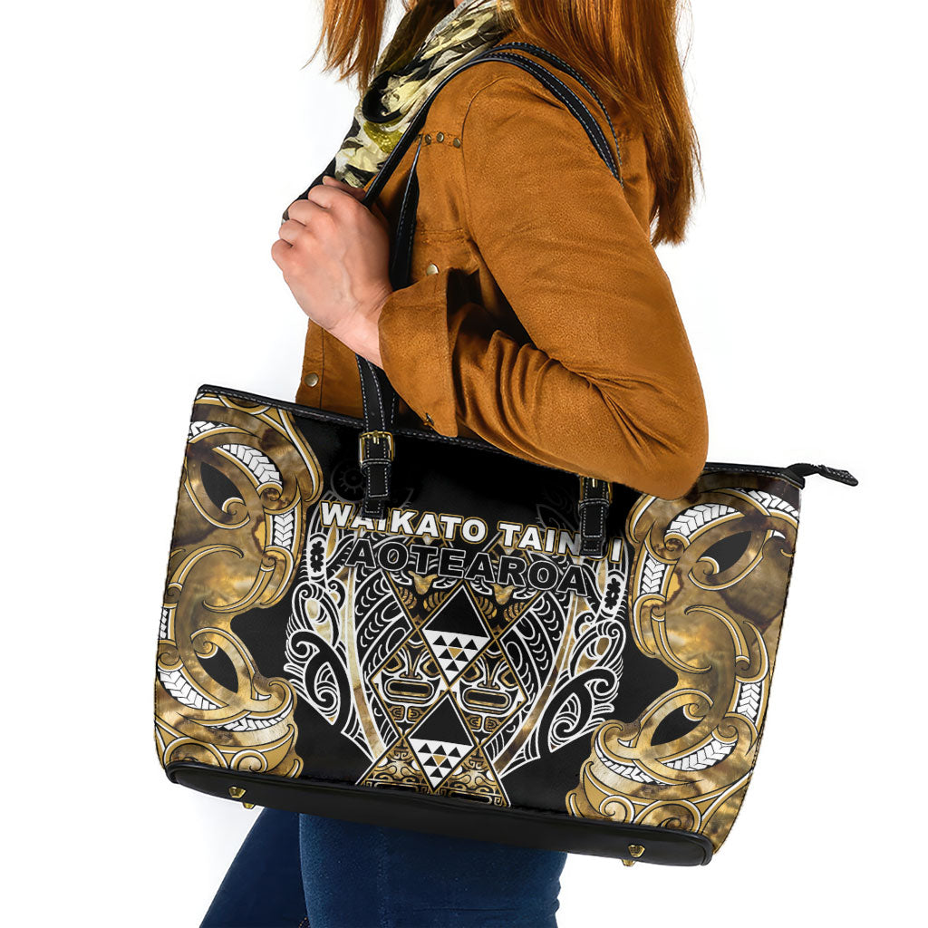 Aotearoa Waikato Tainui Leather Tote Bag Maori Light Gold Tribal Paua Shell Pattern DT05 Yellow - Polynesian Pride