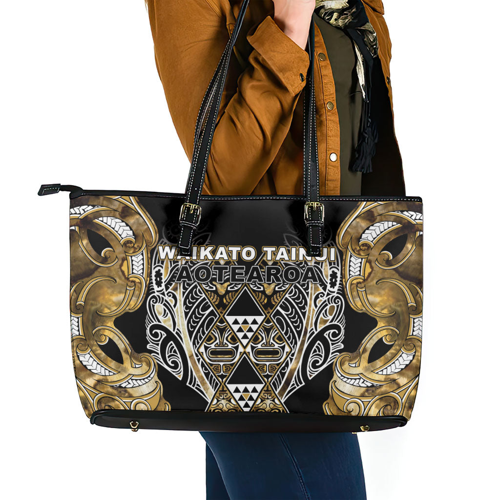 Aotearoa Waikato Tainui Leather Tote Bag Maori Light Gold Tribal Paua Shell Pattern