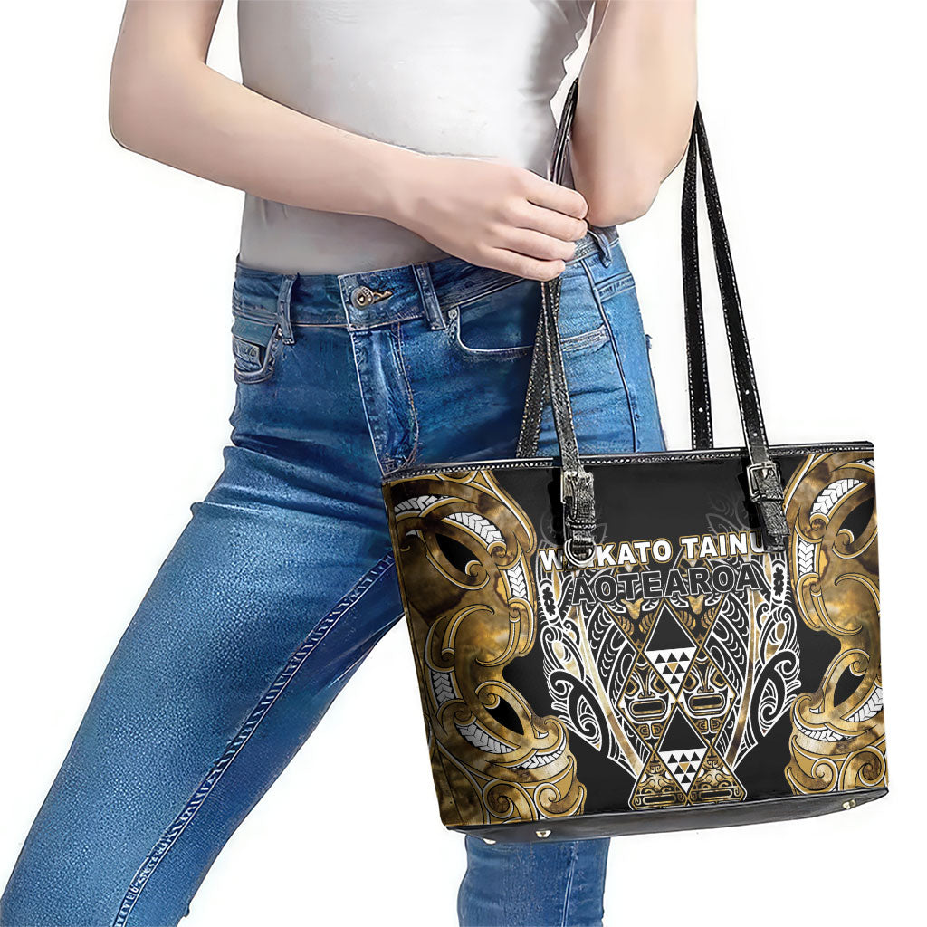 Aotearoa Waikato Tainui Leather Tote Bag Maori Light Gold Tribal Paua Shell Pattern
