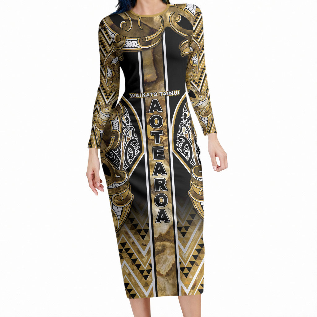 Aotearoa Waikato Tainui Long Sleeve Bodycon Dress Maori Light Gold Tribal Paua Shell Pattern