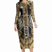 Aotearoa Waikato Tainui Long Sleeve Bodycon Dress Maori Light Gold Tribal Paua Shell Pattern