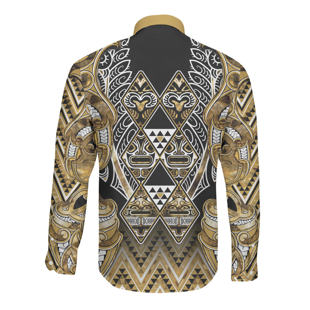 Aotearoa Waikato Tainui Long Sleeve Button Shirt Maori Light Gold Tribal Paua Shell Pattern