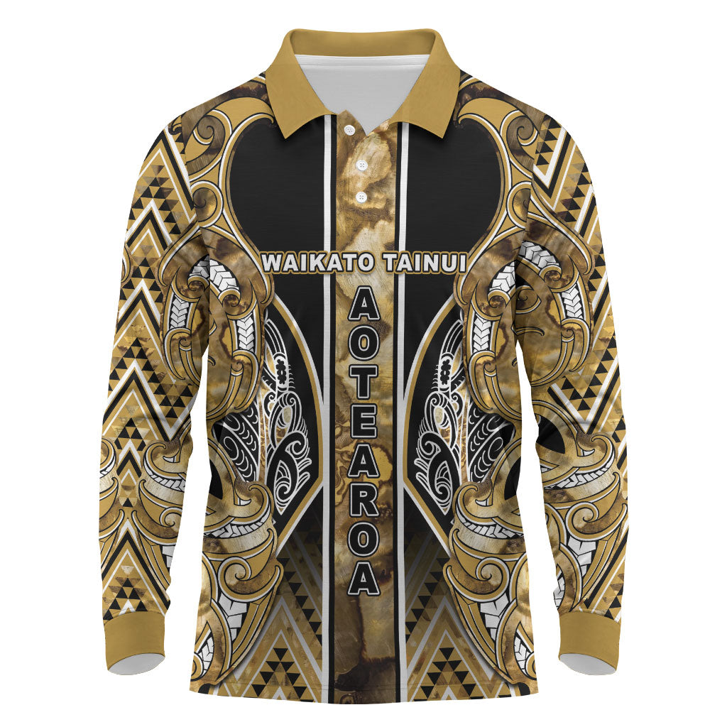 Aotearoa Waikato Tainui Long Sleeve Polo Shirt Maori Light Gold Tribal Paua Shell Pattern