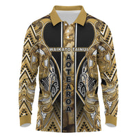 Aotearoa Waikato Tainui Long Sleeve Polo Shirt Maori Light Gold Tribal Paua Shell Pattern