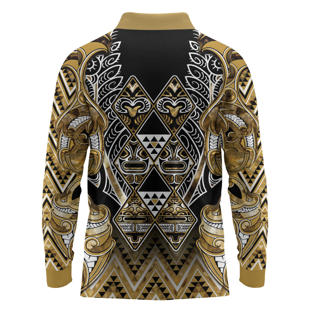 Aotearoa Waikato Tainui Long Sleeve Polo Shirt Maori Light Gold Tribal Paua Shell Pattern