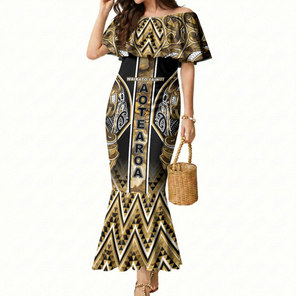 Aotearoa Waikato Tainui Mermaid Dress Maori Light Gold Tribal Paua Shell Pattern DT05 Women Yellow - Polynesian Pride