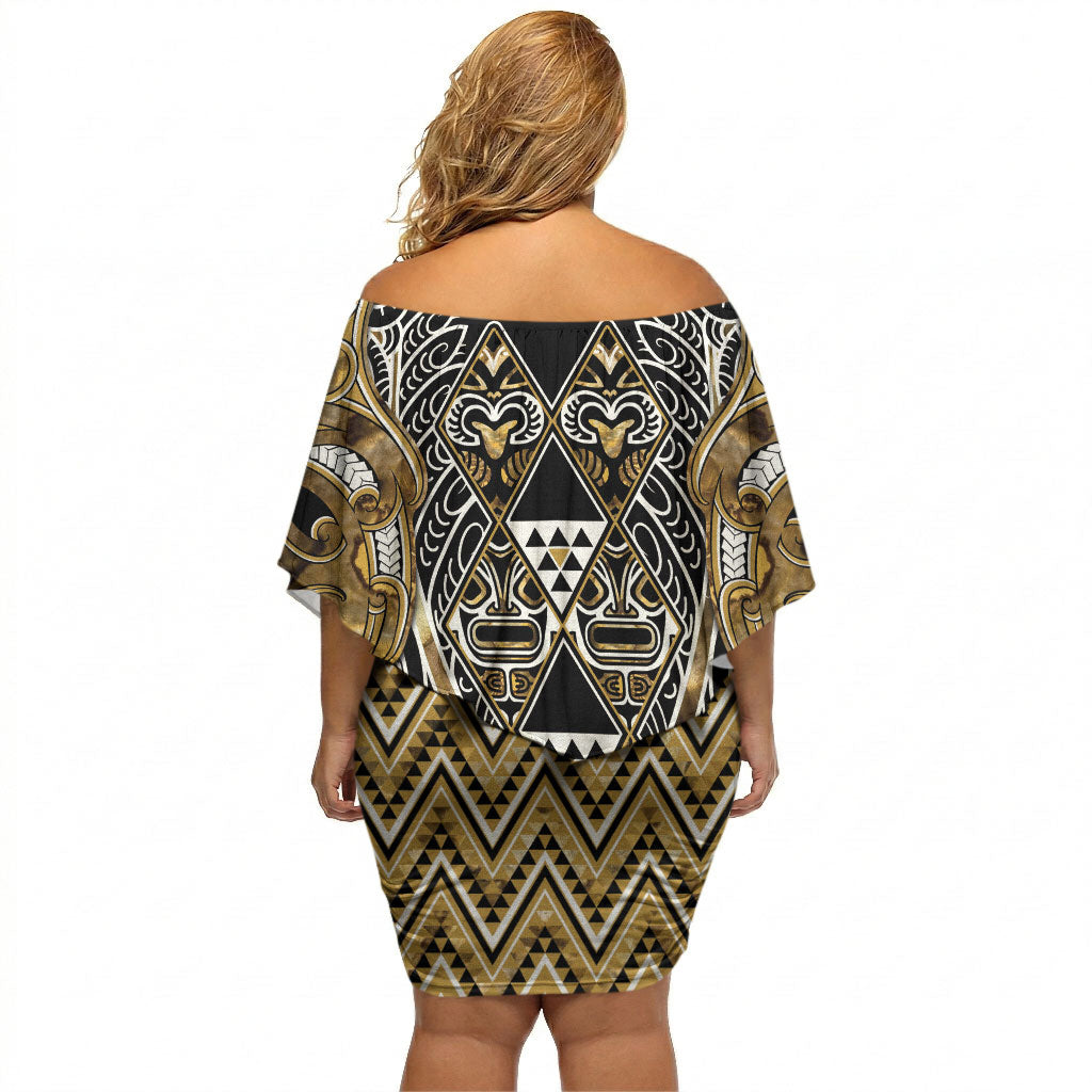 Aotearoa Waikato Tainui Off Shoulder Short Dress Maori Light Gold Tribal Paua Shell Pattern