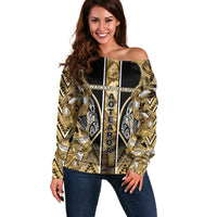 Aotearoa Waikato Tainui Off Shoulder Sweater Maori Light Gold Tribal Paua Shell Pattern