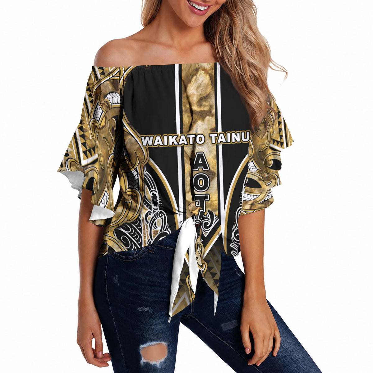 Aotearoa Waikato Tainui Off Shoulder Wrap Waist Top Maori Light Gold Tribal Paua Shell Pattern