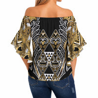 Aotearoa Waikato Tainui Off Shoulder Wrap Waist Top Maori Light Gold Tribal Paua Shell Pattern