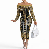 Aotearoa Waikato Tainui Off The Shoulder Long Sleeve Dress Maori Light Gold Tribal Paua Shell Pattern