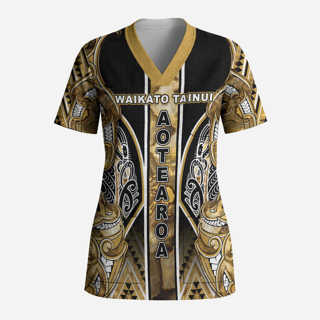 Aotearoa Waikato Tainui Scrub Top Maori Light Gold Tribal Paua Shell Pattern DT05 Adult Yellow - Polynesian Pride