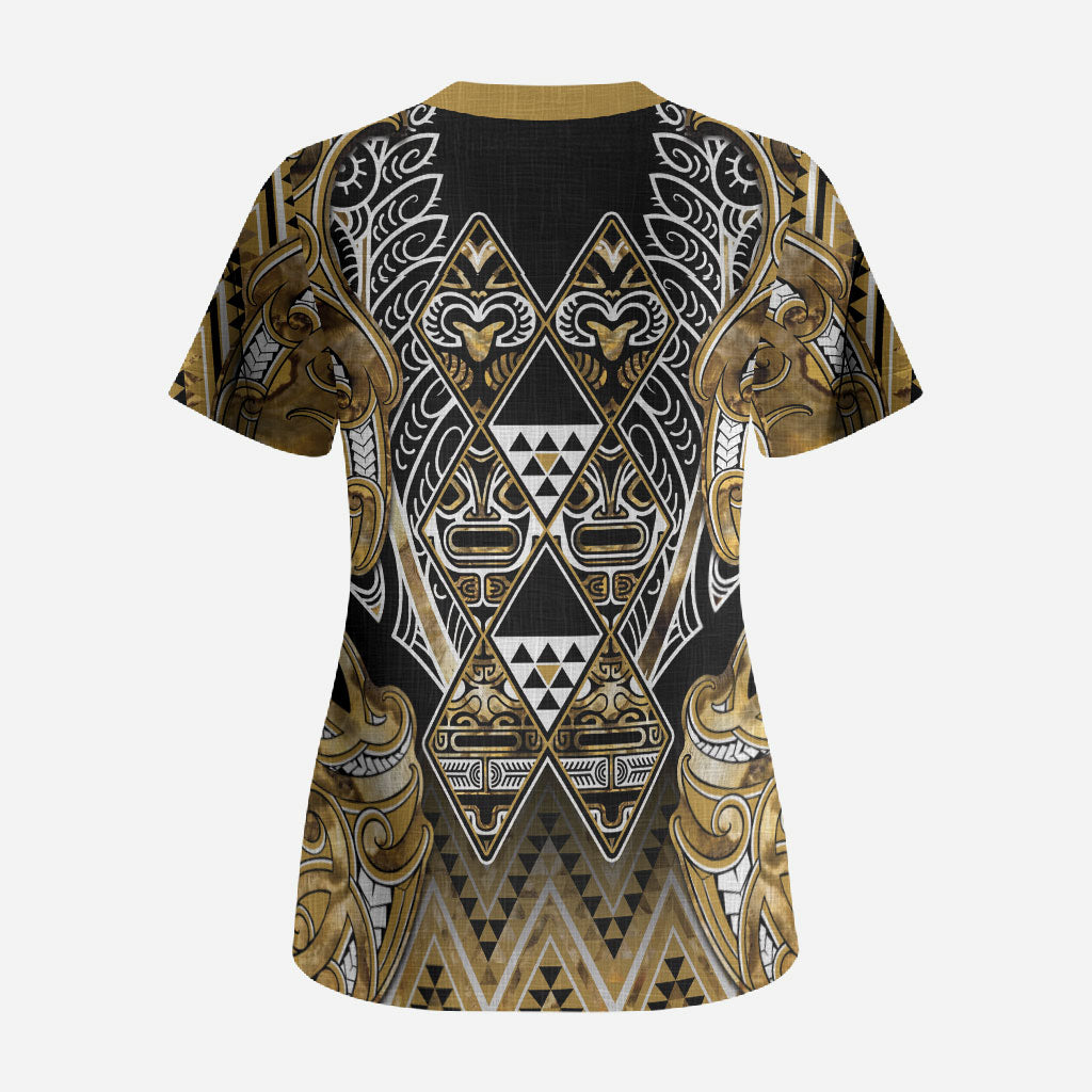 Aotearoa Waikato Tainui Scrub Top Maori Light Gold Tribal Paua Shell Pattern