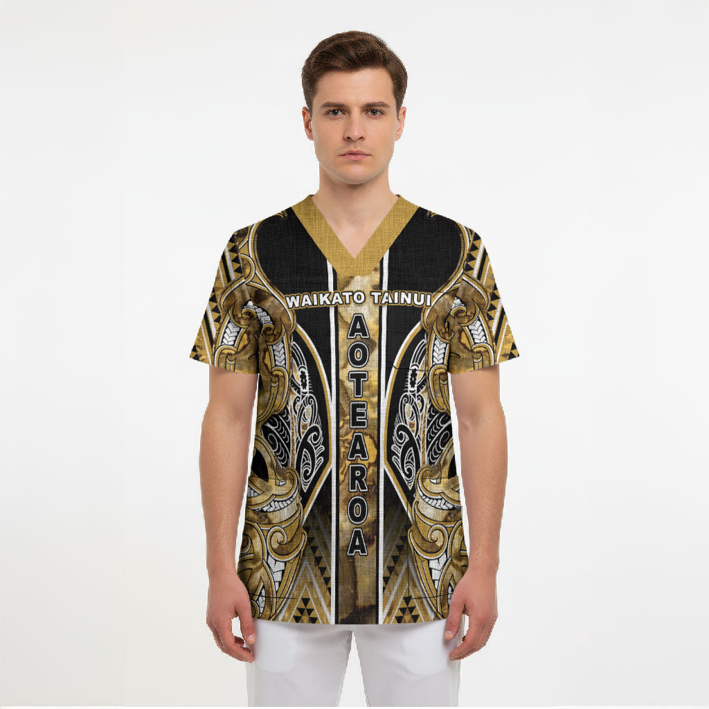 Aotearoa Waikato Tainui Scrub Top Maori Light Gold Tribal Paua Shell Pattern