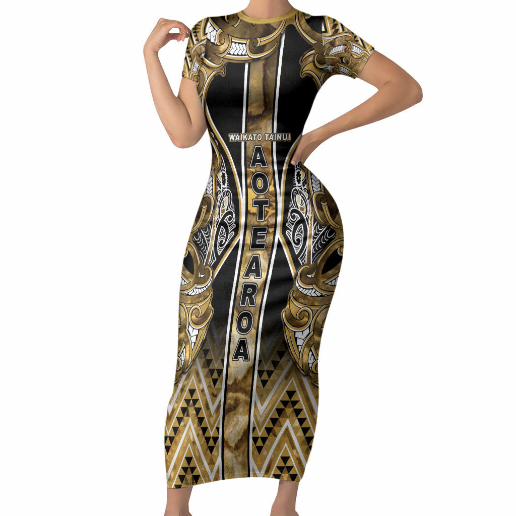 Aotearoa Waikato Tainui Short Sleeve Bodycon Dress Maori Light Gold Tribal Paua Shell Pattern