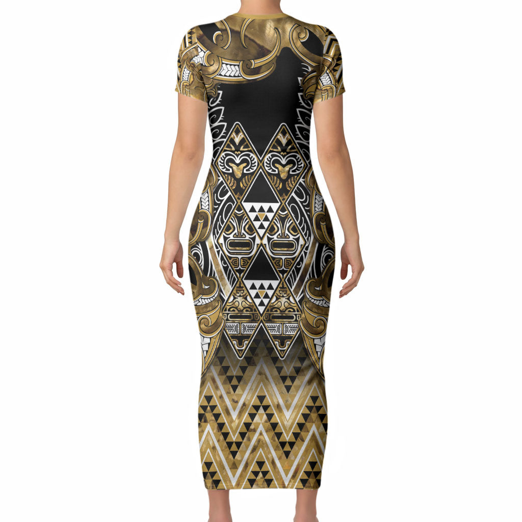 Aotearoa Waikato Tainui Short Sleeve Bodycon Dress Maori Light Gold Tribal Paua Shell Pattern