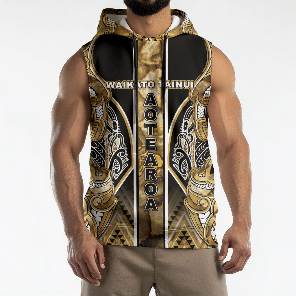 Aotearoa Waikato Tainui Sleeveless Hoodie Maori Light Gold Tribal Paua Shell Pattern