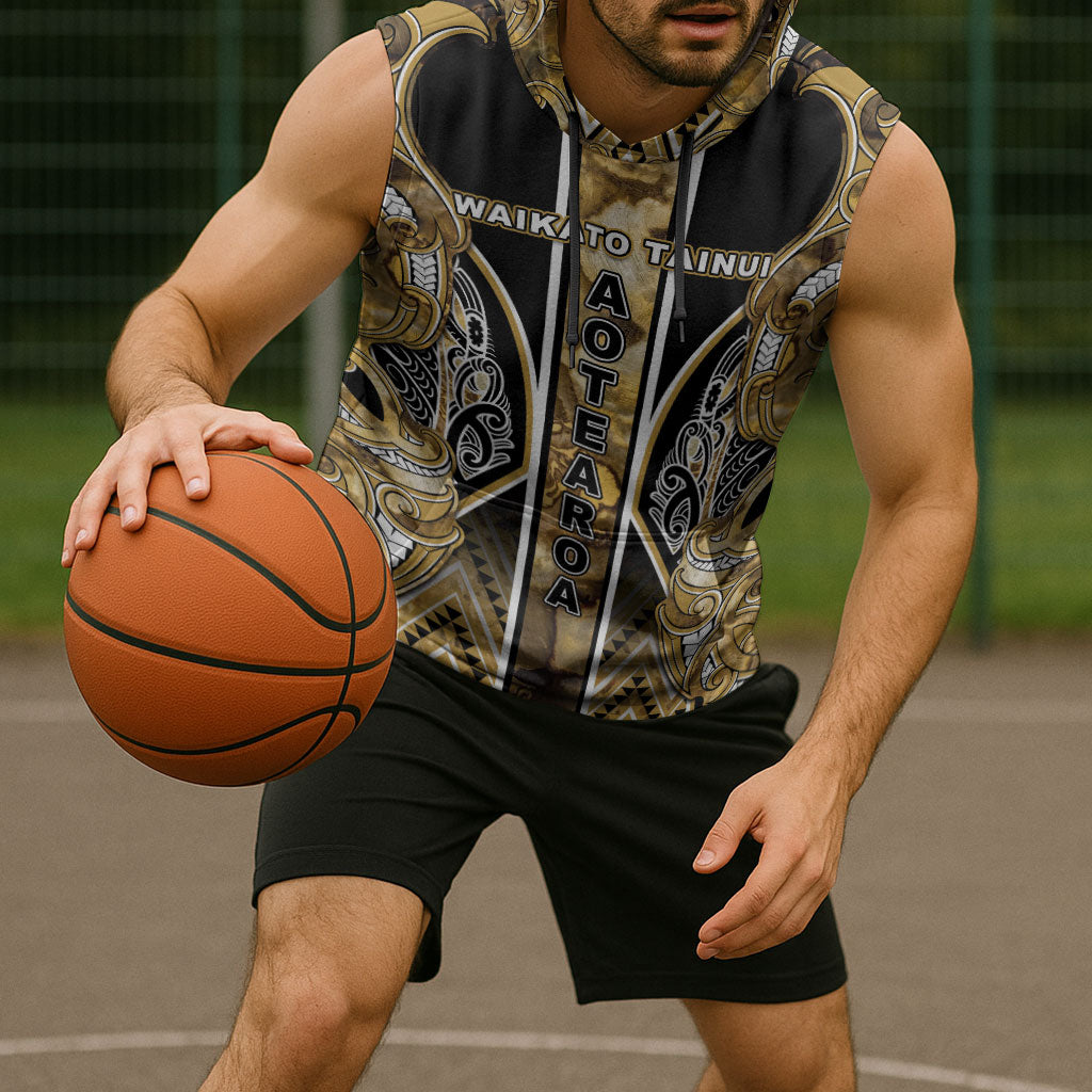 Aotearoa Waikato Tainui Sleeveless Hoodie Maori Light Gold Tribal Paua Shell Pattern