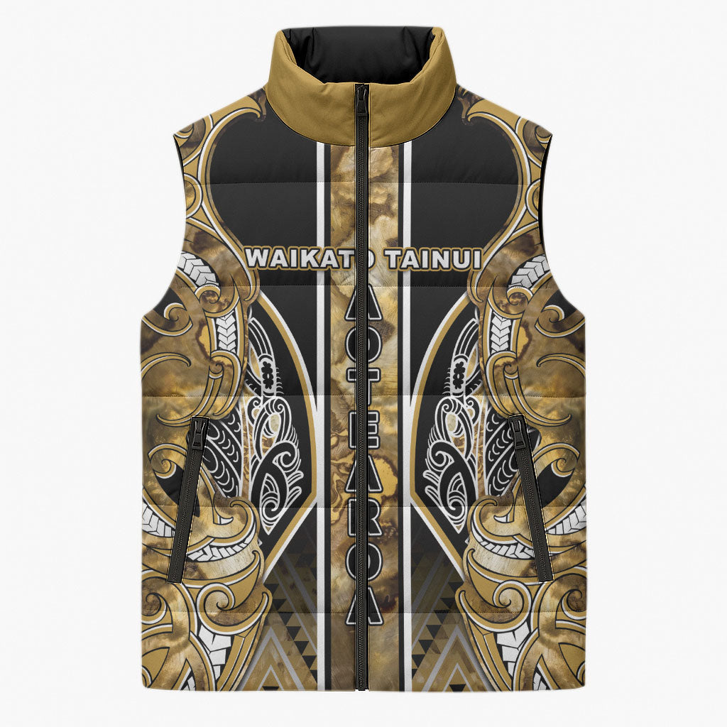 Aotearoa Waikato Tainui Sleeveless Puffer Jacket Maori Light Gold Tribal Paua Shell Pattern