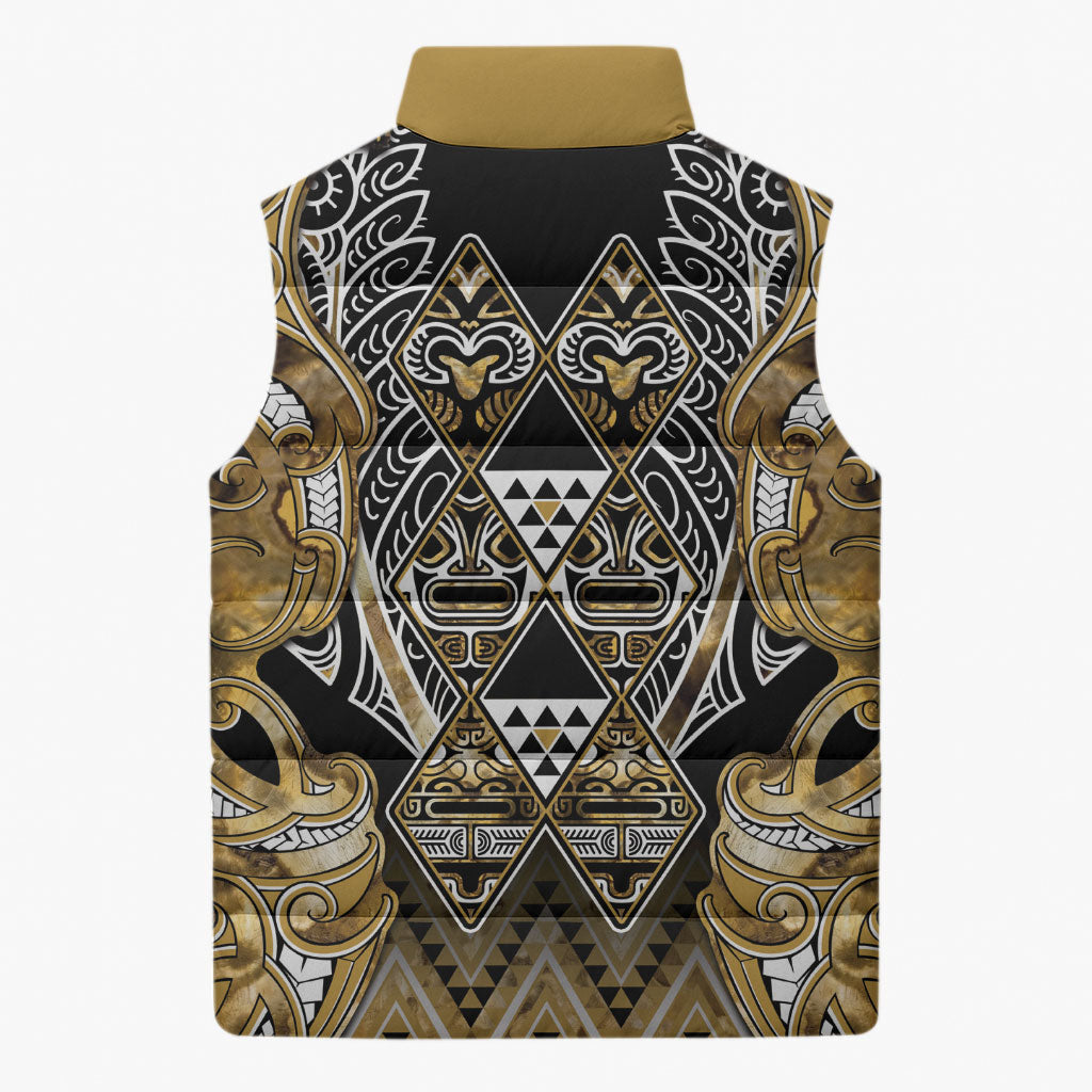 Aotearoa Waikato Tainui Sleeveless Puffer Jacket Maori Light Gold Tribal Paua Shell Pattern