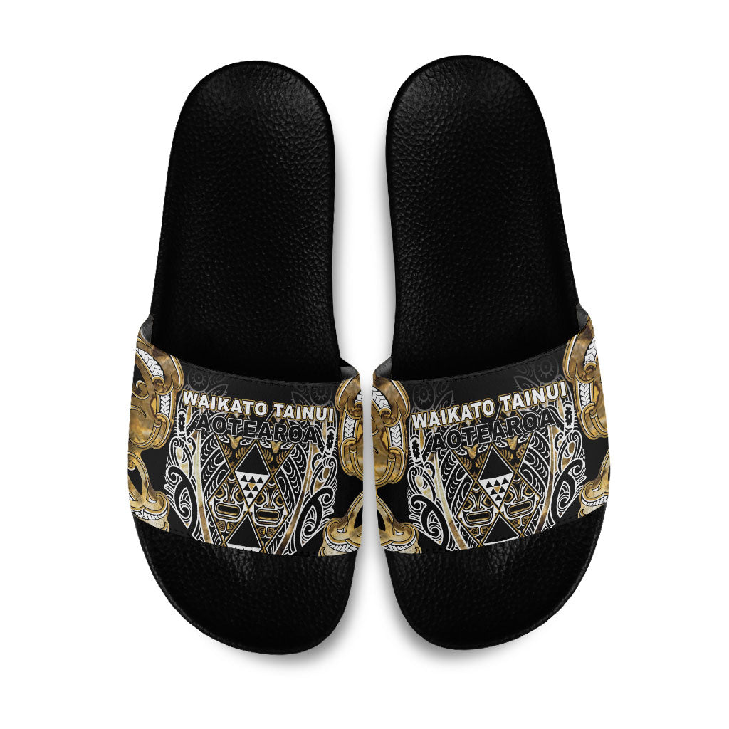 Aotearoa Waikato Tainui Slide Sandals Maori Light Gold Tribal Paua Shell Pattern DT05 Yellow - Polynesian Pride