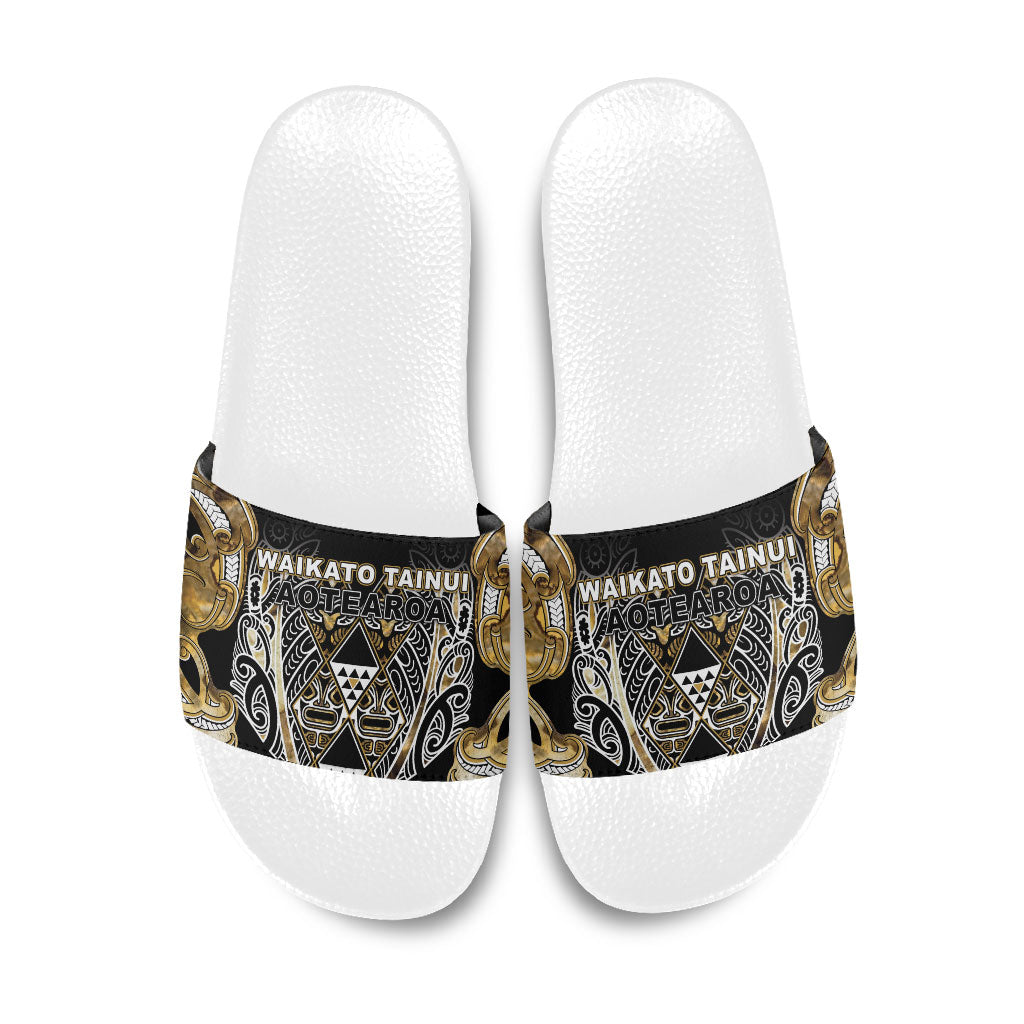 Aotearoa Waikato Tainui Slide Sandals Maori Light Gold Tribal Paua Shell Pattern