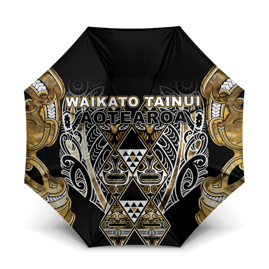 Aotearoa Waikato Tainui Umbrella Maori Light Gold Tribal Paua Shell Pattern DT05 One Size Folded 11.42 inch Opened Diameter 37.4 inch Yellow - Polynesian Pride