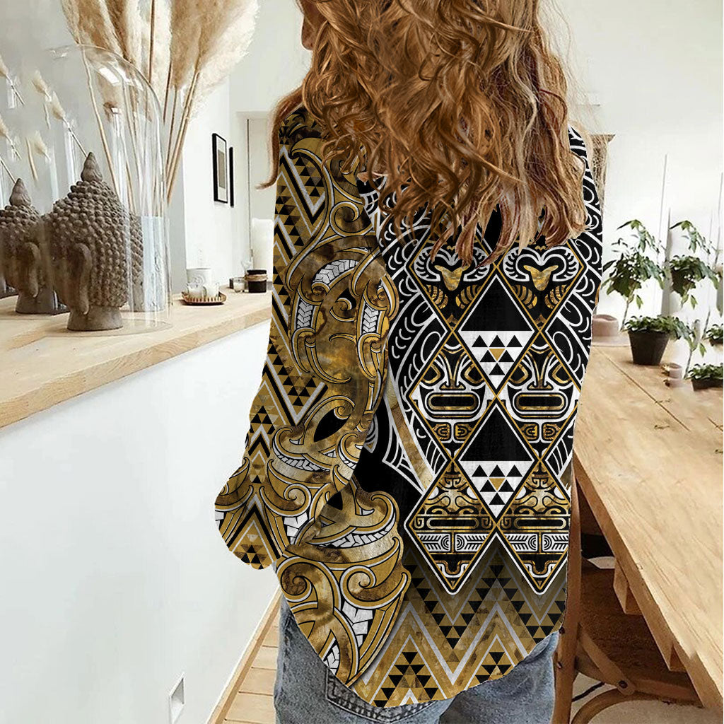 Aotearoa Waikato Tainui Women Casual Shirt Maori Light Gold Tribal Paua Shell Pattern