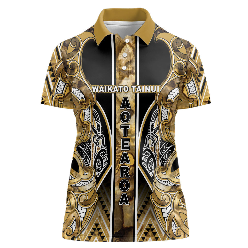 Aotearoa Waikato Tainui Women Polo Shirt Maori Light Gold Tribal Paua Shell Pattern