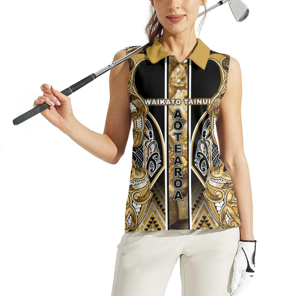 Aotearoa Waikato Tainui Women Sleeveless Polo Shirt Maori Light Gold Tribal Paua Shell Pattern