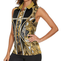 Aotearoa Waikato Tainui Women Sleeveless Polo Shirt Maori Light Gold Tribal Paua Shell Pattern