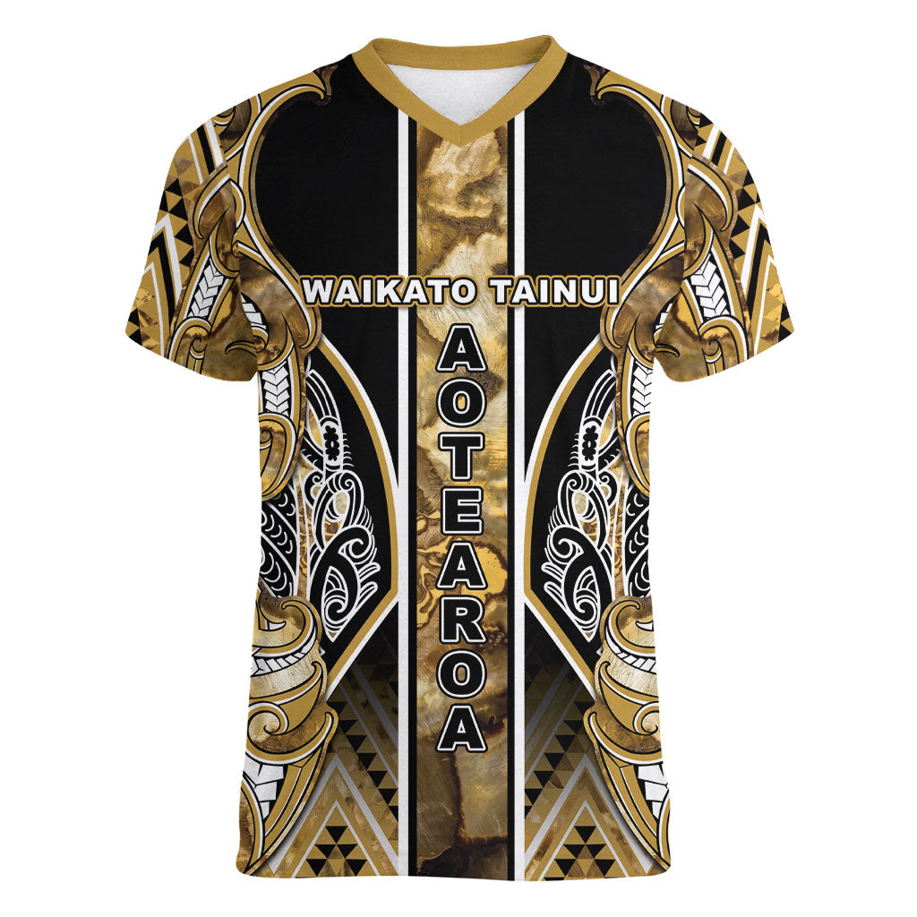 Aotearoa Waikato Tainui Women V-Neck T-Shirt Maori Light Gold Tribal Paua Shell Pattern DT05 Female Yellow - Polynesian Pride