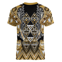 Aotearoa Waikato Tainui Women V-Neck T-Shirt Maori Light Gold Tribal Paua Shell Pattern