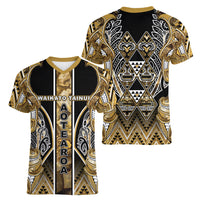 Aotearoa Waikato Tainui Women V-Neck T-Shirt Maori Light Gold Tribal Paua Shell Pattern